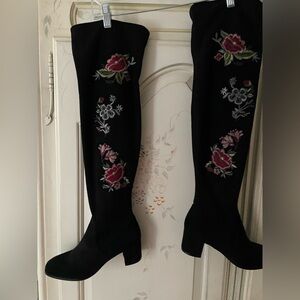 Floral Embroidered Black Knee-High Boots